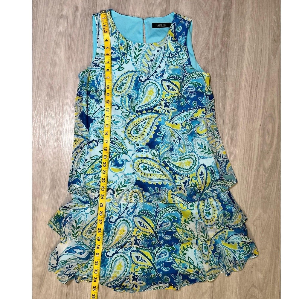 Lauren Ralph Lauren Dress Size 6 Blue Yellow Green Paisley Tiered Ruffle Womens - Picture 10 of 15
